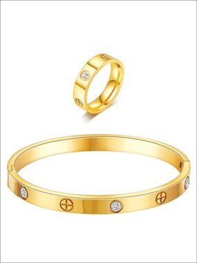 18K Gold Plated Stainless Steel Cuff Bangle Bracelet Ring Set with CZ Stones
